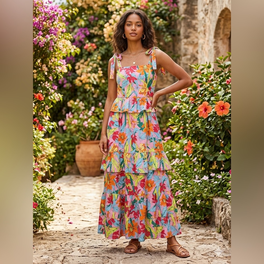 AVARA Women's Multicolored Floral Boho Lined Spring Summer Long Dress Sz Small